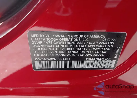 2022 Volkswagen Passat 2.0T Se из США, поврежденный, VIN 1VWSA7A32NC001421